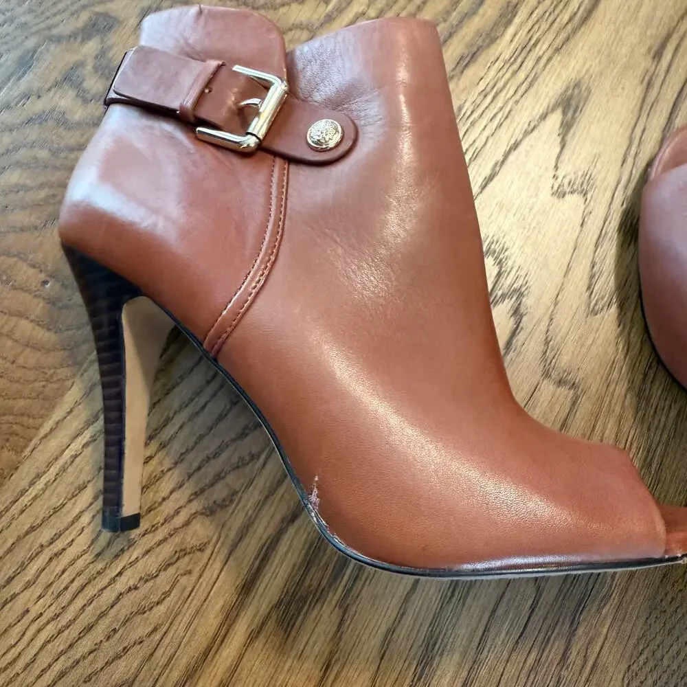 Vince Camuto Kemba Brown Zip Up Open Toe Bootie Stiletto 7.5M 37.5